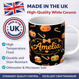 Personalized Custom Name Cute Kawaii Halloween Pumpkin Witch Candy Seamless Pattern Black 11oz Ceramic Coffee Tea Mug White Large Handle