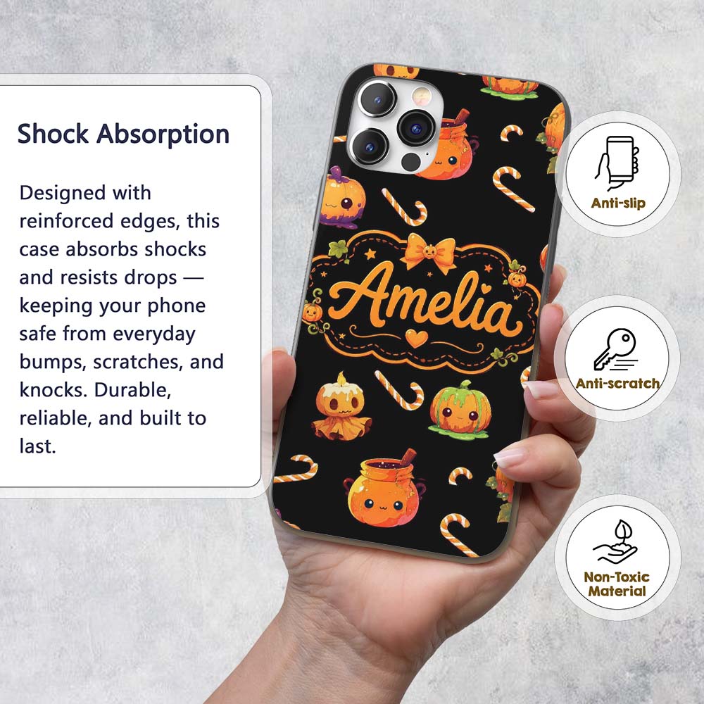 Cute Kawaii Halloween Pumpkin Printed Design Custom Name Protective Phone Case Mobile Cover Durable Everyday Smartphone Shock Resistant