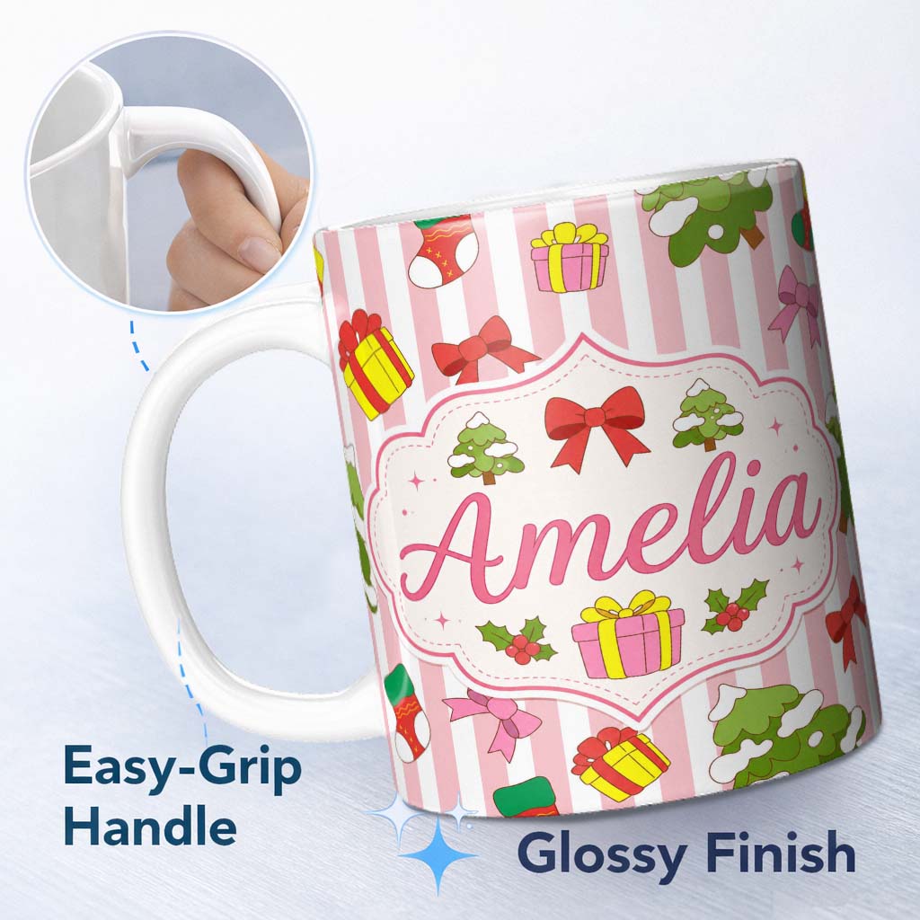 Personalized Custom Name Cute Christmas Tree Gift Bow Striped Background Seamless Pattern 11oz Ceramic Coffee Tea Mug White Large Handle