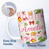 Personalized Custom Name Cute Christmas Tree Gift Bow Striped Background Seamless Pattern 11oz Ceramic Coffee Tea Mug White Large Handle