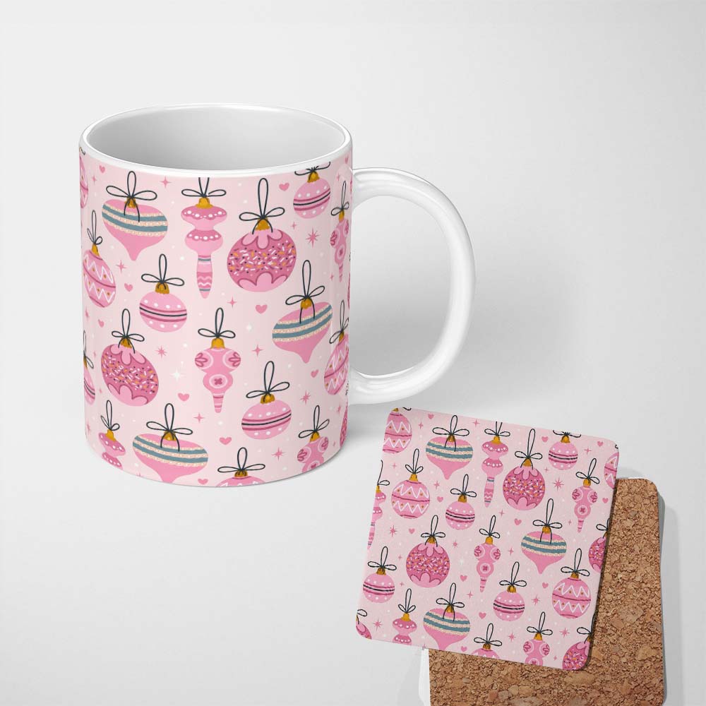Personalized Custom Name Cute Pink Christmas Baubles Ornament Seamless Pattern Lovely 11oz Ceramic Coffee Tea Mug White Large Handle