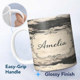 Personalized Custom Name Layered Stone Strata Black Cream Abstract Texture Pattern Lovely 11oz Ceramic Coffee Tea Mug White Large Handle