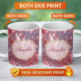 Personalized Custom Name Soft Pink Cherry Blossom Petals Floating in Air Pattern Romantic 11oz Ceramic Coffee Tea Mug White Large Handle