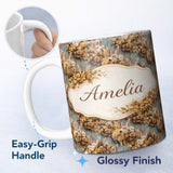 Personalized Custom Name Vintage Style Brown Rabbit Garden Illustration Seamless Pattern 11oz Ceramic Coffee Tea Mug White Large Handle
