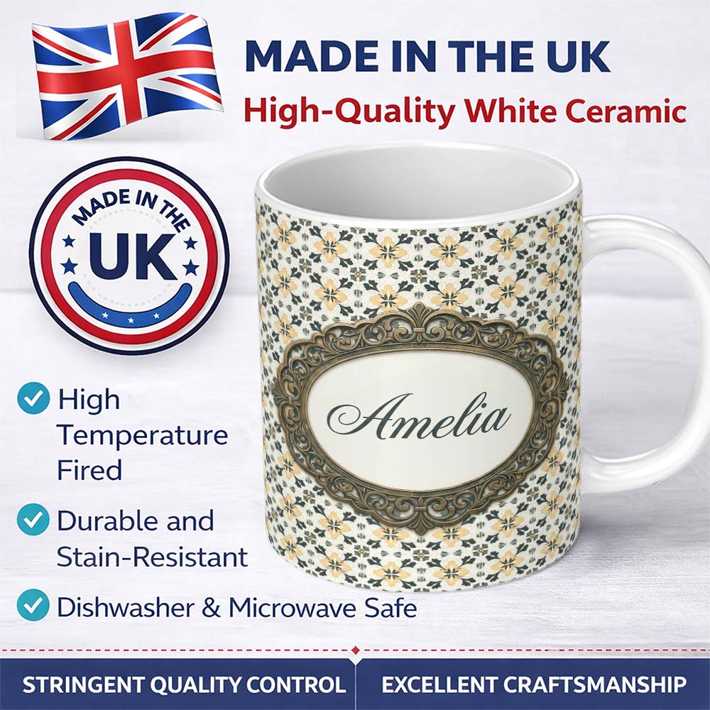 Personalized Custom Name Stylish Black Gold Floral Tile Motif Seamless Pattern Lovely 11oz Ceramic Coffee Tea Mug White Large Handle