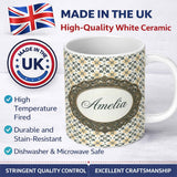 Personalized Custom Name Stylish Black Gold Floral Tile Motif Seamless Pattern Lovely 11oz Ceramic Coffee Tea Mug White Large Handle