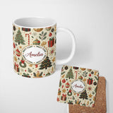 Personalized Custom Name Festive Christmas Ornament Candy Cane Tree Holiday Seamless Pattern 11oz Ceramic Coffee Tea Mug White Large Handle