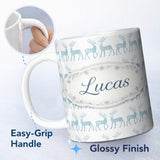 Personalized Custom Name Blue Glitter Reindeer Christmas White Background Seamless Pattern 11oz Ceramic Coffee Tea Mug White Large Handle
