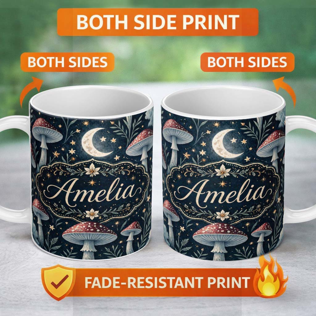 Personalized Custom Name Magical Mushroom Crescent Moon Night Seamless Pattern Lovely 11oz Ceramic Coffee Tea Mug White Large Handle