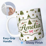 Personalized Custom Name Minimal Christmas Trees with Gifts and Stars Cute Seamless Pattern 11oz Ceramic Coffee Tea Mug White Large Handle