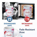 Personalized Custom Name Watercolor Red and Pink Ribbon Bows Soft Blue Background Cute Girly 11oz Ceramic Coffee Tea Mug White Large Handle