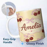 Personalized Custom Name Cherry Bow Ribbon Cute Golden Beige Soft Background Seamless Pattern 11oz Ceramic Coffee Tea Mug White Large Handle