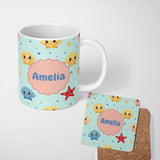 Personalized Custom Name Cute Kawaii Seashells Starfish Ocean Beach Fun Seamless Pattern 11oz Ceramic Coffee Tea Mug White Large Handle