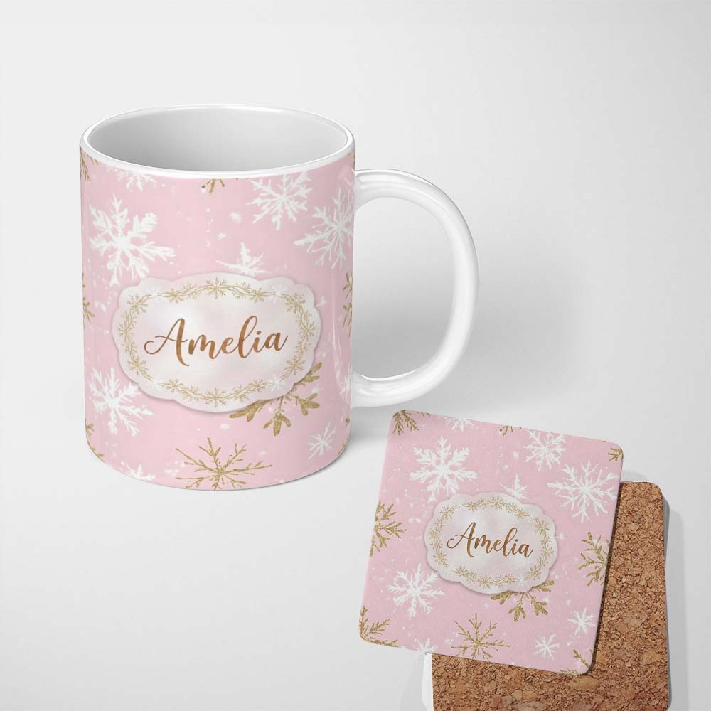 Personalized Custom Name Soft Pink Snowflake Winter Holiday Seamless Pattern Cute Unique Gift 11oz Ceramic Coffee Tea Mug White Large Handle