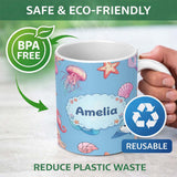 Personalized Custom Name Cute Blue Hair Mermaid Jellyfish Seahorse Light Blue Background 11oz Ceramic Coffee Tea Mug White Large Handle