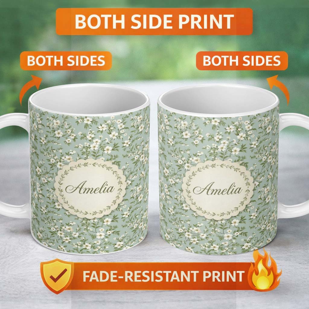Personalized Custom Name Elegant White Floral Branches on Soft Blue Seamless Pattern Lovely 11oz Ceramic Coffee Tea Mug White Large Handle