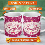 Personalized Custom Name White Christmas Tree Stars Gift Pink Background Seamless Pattern 11oz Ceramic Coffee Tea Mug White Large Handle