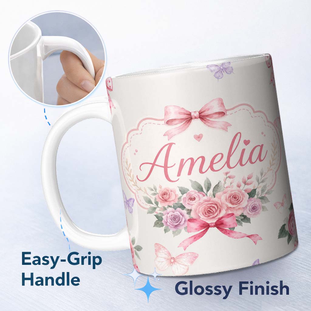Personalized Custom Name Elegant Watercolor Rose Bouquet Ribbon Butterfly Soft Ivory Lovely 11oz Ceramic Coffee Tea Mug White Large Handle
