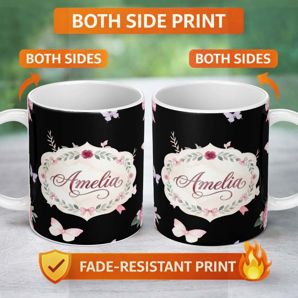 Personalized Custom Name Watercolor Pink Roses Bow Butterfly Elegant Seamless Pattern Lovely 11oz Ceramic Coffee Tea Mug White Large Handle