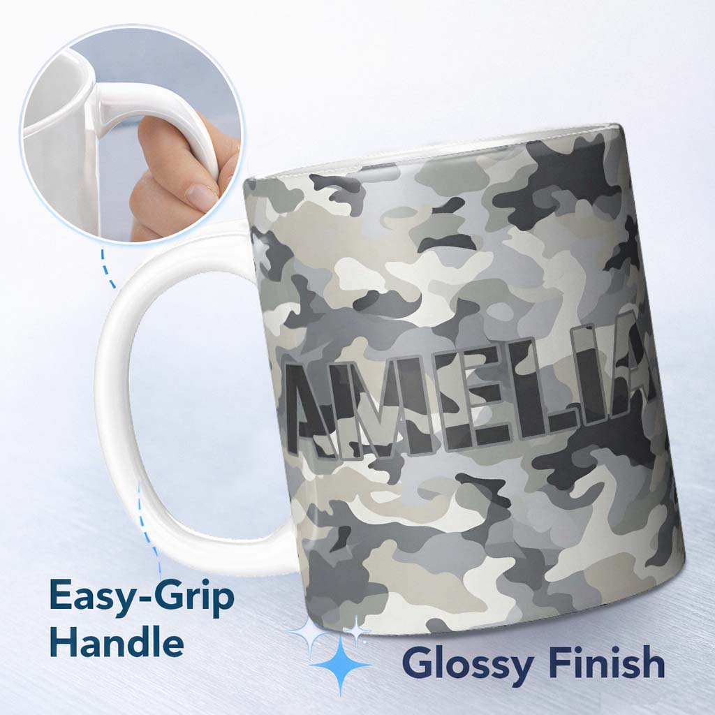 Personalized Custom Name Grey Neutral Camouflage Contemporary Seamless Pattern Lovely 11oz Ceramic Coffee Tea Mug White Large Handle