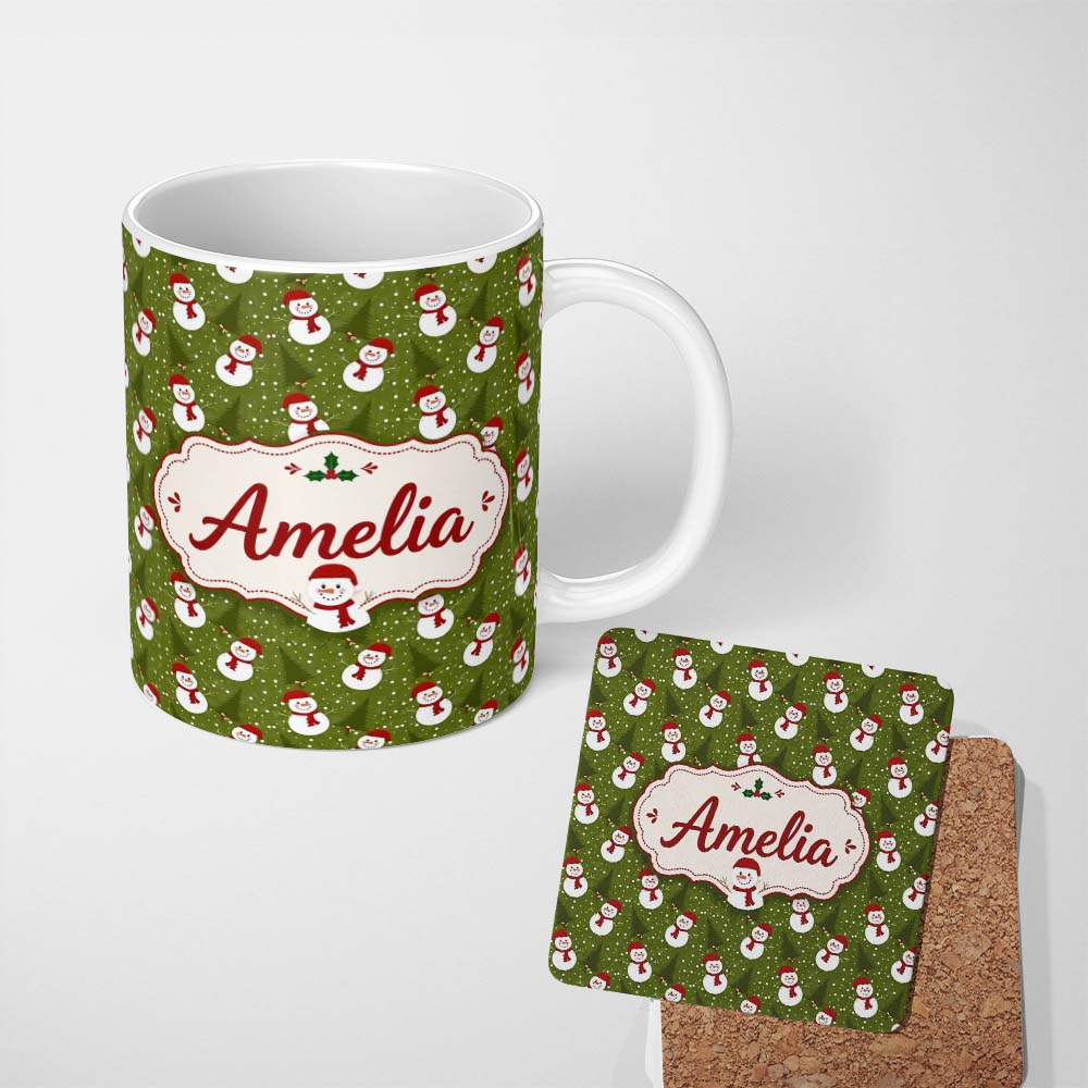 Personalized Custom Name Snowman Winter Forest Snowfall Seamless Pattern Perfect Gift for Her 11oz Ceramic Coffee Tea Mug White Large Handle