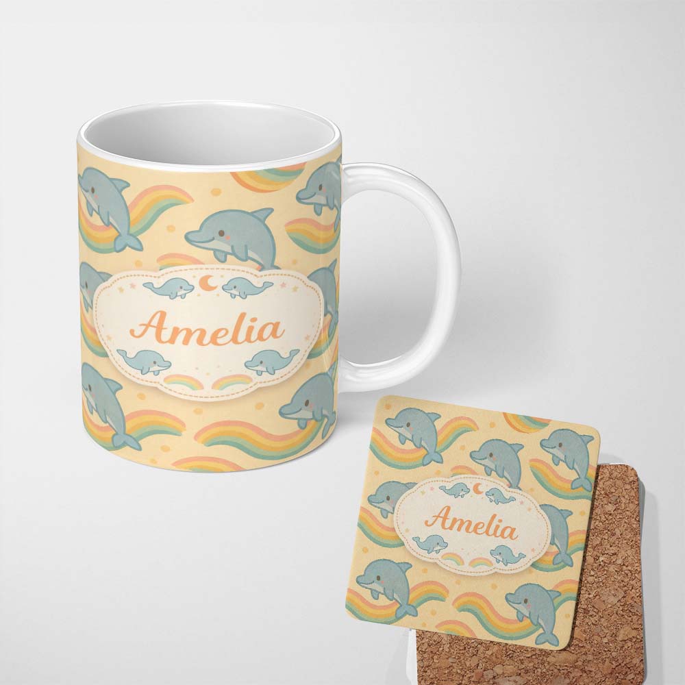 Personalized Custom Name Cute Rainbow Dolphin Cartoon Animal Pattern Thoughtful Gift Idea 11oz Ceramic Coffee Tea Mug White Large Handle