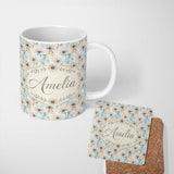 Personalized Custom Name Minimal Neutral Botanical Flower Watercolor Seamless Pattern Lovely 11oz Ceramic Coffee Tea Mug White Large Handle