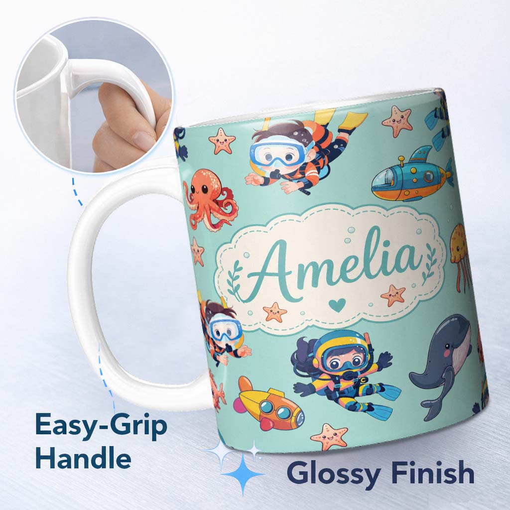 Personalized Custom Name Underwater with Scuba Divers Starfish and Whale on Seafoam Green 11oz Ceramic Coffee Tea Mug White Large Handle