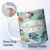 Personalized Custom Name Underwater with Scuba Divers Starfish and Whale on Seafoam Green 11oz Ceramic Coffee Tea Mug White Large Handle