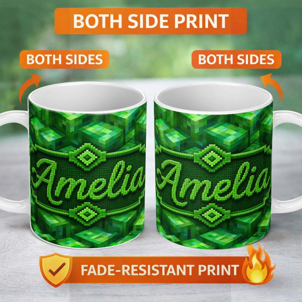Personalized Custom Name Green 3D Cube Block Abstract Seamless Pattern Beautiful Coffee Cup 11oz Ceramic Coffee Tea Mug White Large Handle