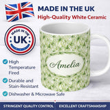 Personalized Custom Name Light Green Spider Plant Botanical Seamless Pattern Cute Unique Gift 11oz Ceramic Coffee Tea Mug White Large Handle