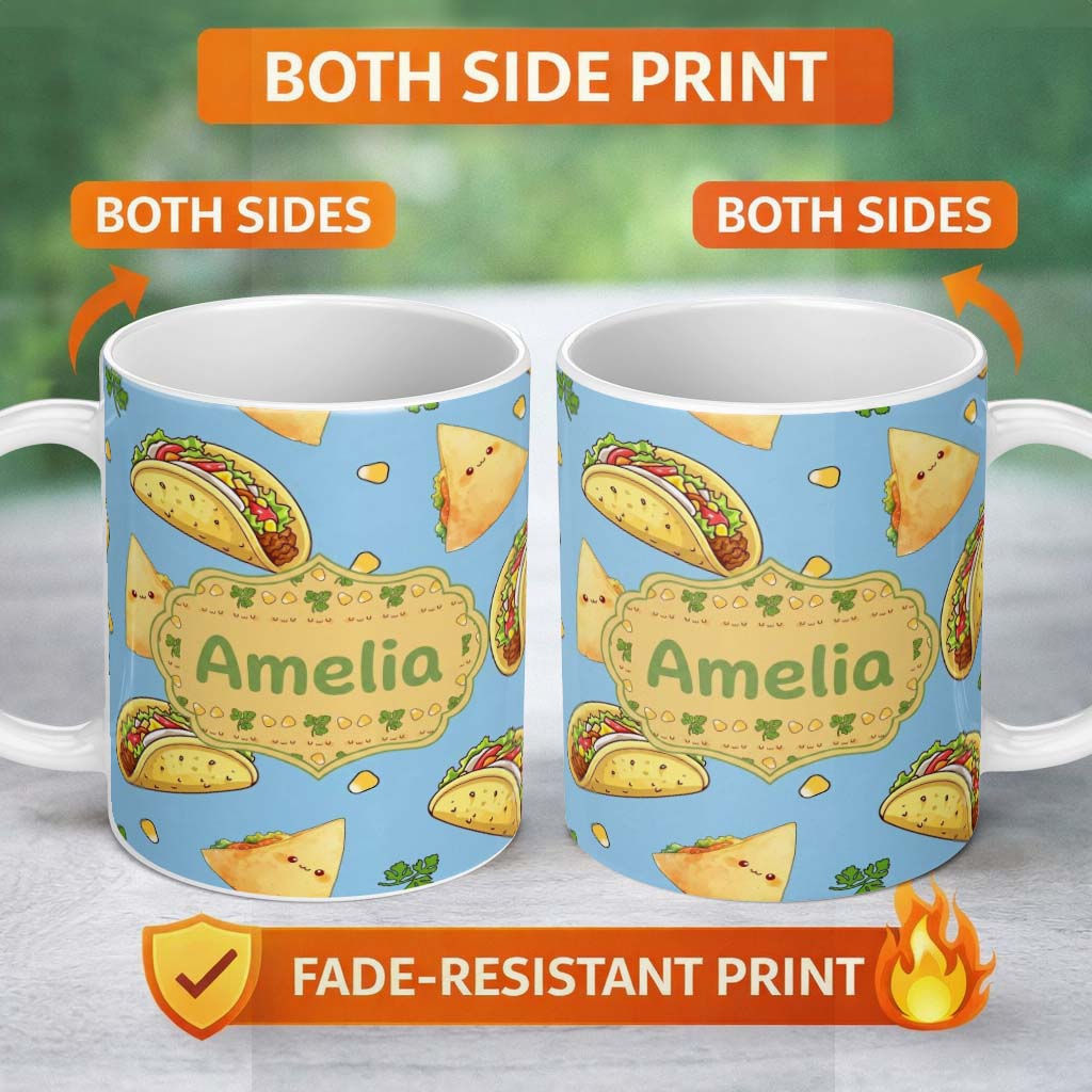 Personalized Custom Name Cute Kawaii Tacos and Wraps Blue Background Seamless Pattern Name 11oz Ceramic Coffee Tea Mug White Large Handle
