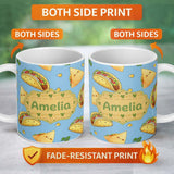 Personalized Custom Name Cute Kawaii Tacos and Wraps Blue Background Seamless Pattern Name 11oz Ceramic Coffee Tea Mug White Large Handle