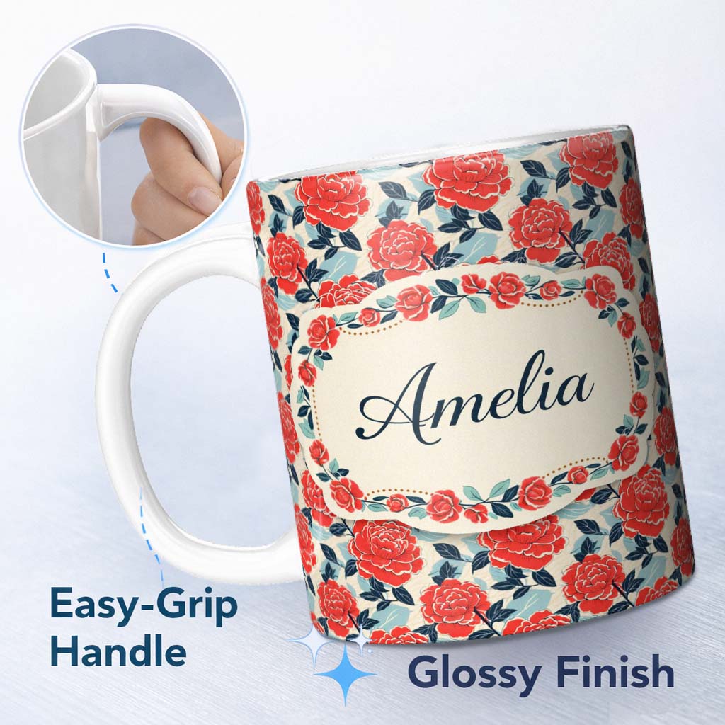 Personalized Custom Name Red Rose Blue Accent Floral Seamless Pattern Perfect Gift for Her 11oz Ceramic Coffee Tea Mug White Large Handle