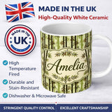 Personalized Custom Name Dark Bamboo Stalks with Layered Leaves Natural Green Seamless Lovely 11oz Ceramic Coffee Tea Mug White Large Handle