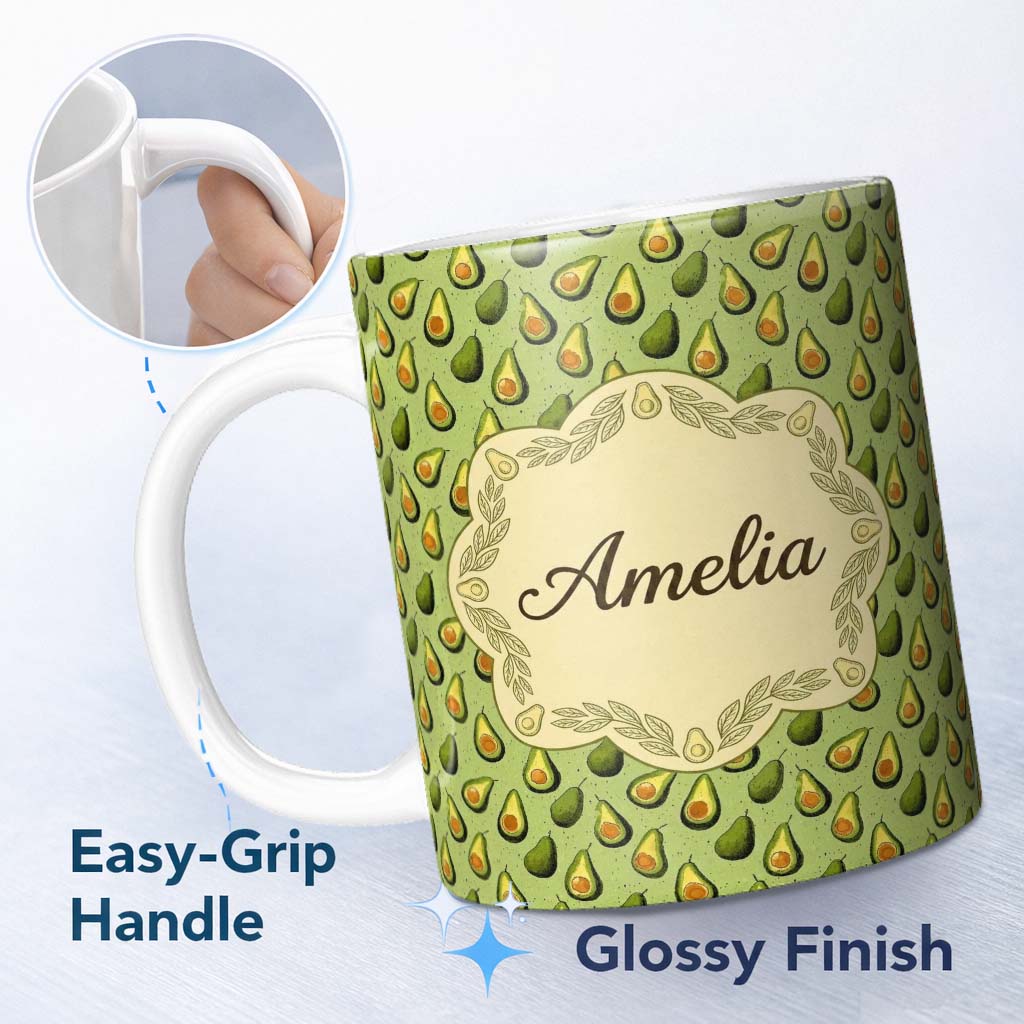 Personalized Custom Name Green Avocado Pear Seamless Pattern Textured Background Botanical 11oz Ceramic Coffee Tea Mug White Large Handle