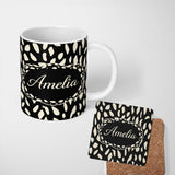 Personalized Custom Name Scattered Pebble Spots Black Cream Irregular Dot Pattern Lovely 11oz Ceramic Coffee Tea Mug White Large Handle
