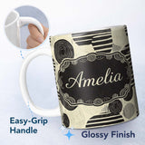 Personalized Custom Name Neutral Patch Blocks Black Beige Modern Abstract Pattern Lovely 11oz Ceramic Coffee Tea Mug White Large Handle