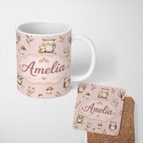 Personalized Custom Name Cute Woodland Owls Mushrooms and Leaves Soft Blush Pink Background 11oz Ceramic Coffee Tea Mug White Large Handle