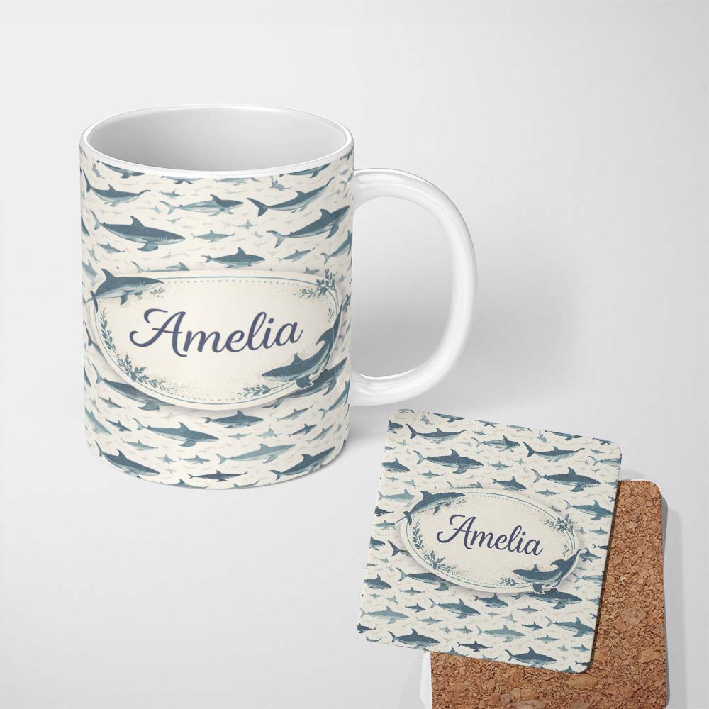 Personalized Custom Name Blue Ocean Whale Seamless Pattern Minimal Marine Animal Design 11oz Ceramic Coffee Tea Mug White Large Handle