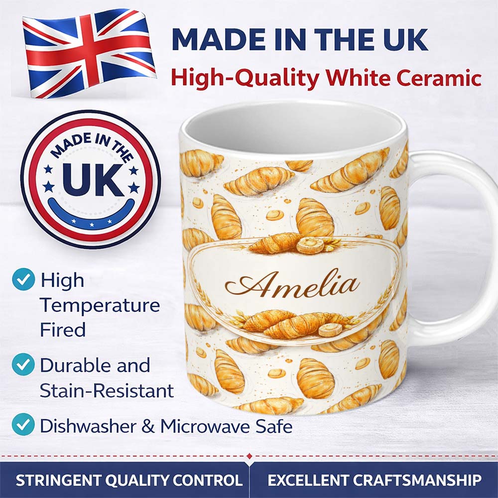 Personalized Custom Name Artistic Sketch Croissant Seamless Pattern Ink Style Bakery Lovely 11oz Ceramic Coffee Tea Mug White Large Handle
