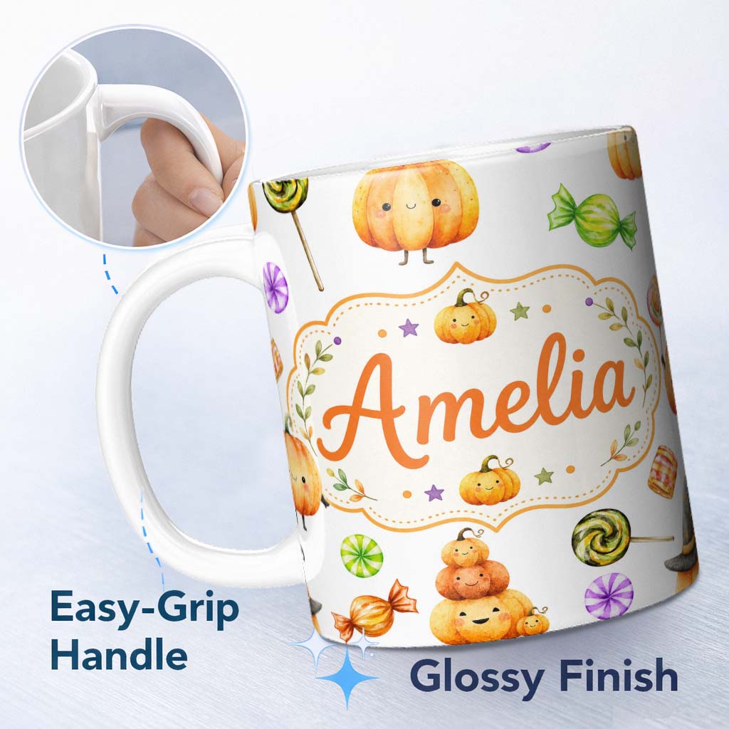 Personalized Custom Name Cute Halloween Pumpkin Candy Characters Soft Grey Background 11oz Ceramic Coffee Tea Mug White Large Handle
