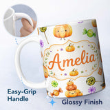 Personalized Custom Name Cute Halloween Pumpkin Candy Characters Soft Grey Background 11oz Ceramic Coffee Tea Mug White Large Handle