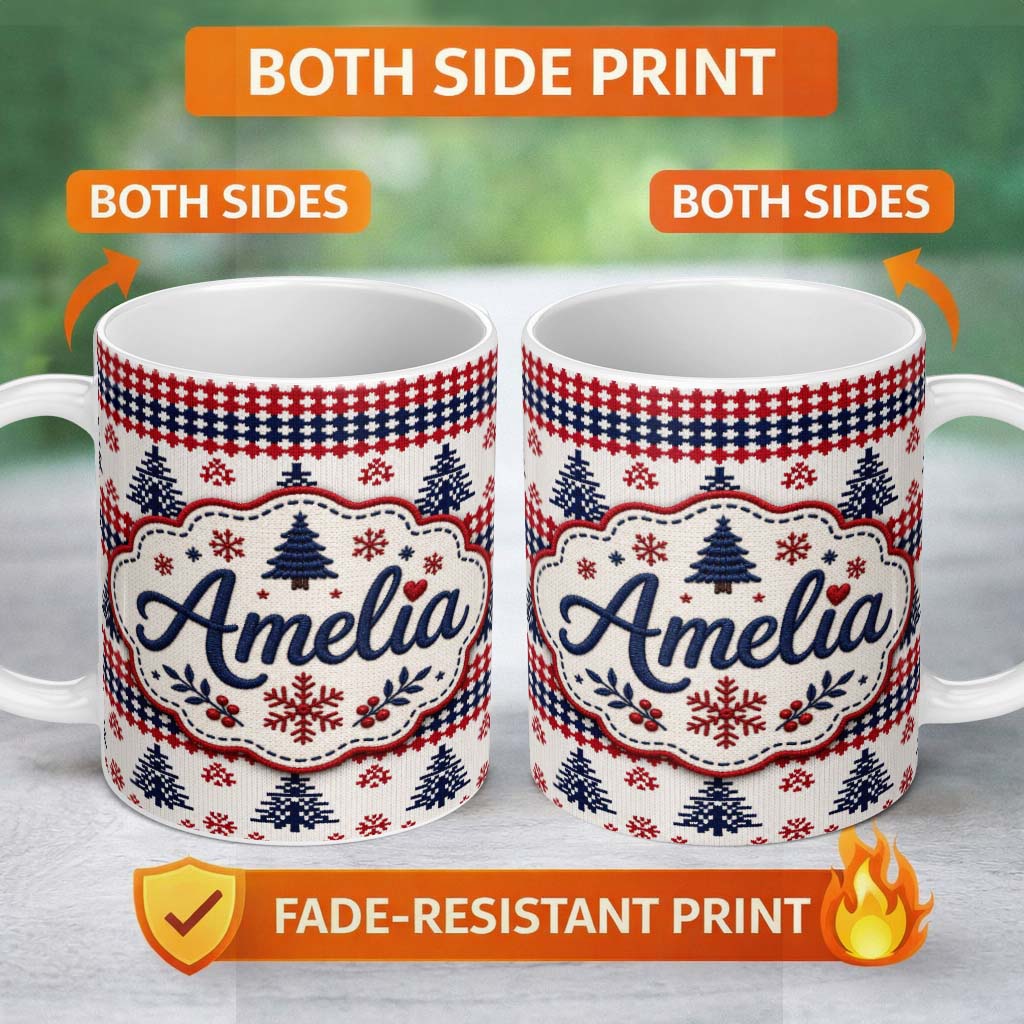 Personalized Custom Name Cute Red White Blue Nordic Christmas Tree Snowflake Seamless Pattern 11oz Ceramic Coffee Tea Mug White Large Handle