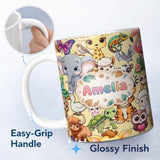 Personalized Custom Name Cute Baby Safari Jungle Animals Seamless Pattern Cute Unique Gift 11oz Ceramic Coffee Tea Mug White Large Handle