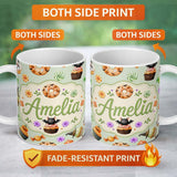 Personalized Custom Name Cute Halloween Donuts Sweet Spooky Treats Soft Sage Background 11oz Ceramic Coffee Tea Mug White Large Handle