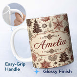 Personalized Custom Name Elegant Snowflake Winter Pattern Pine Trees Red Neutral Seamless 11oz Ceramic Coffee Tea Mug White Large Handle
