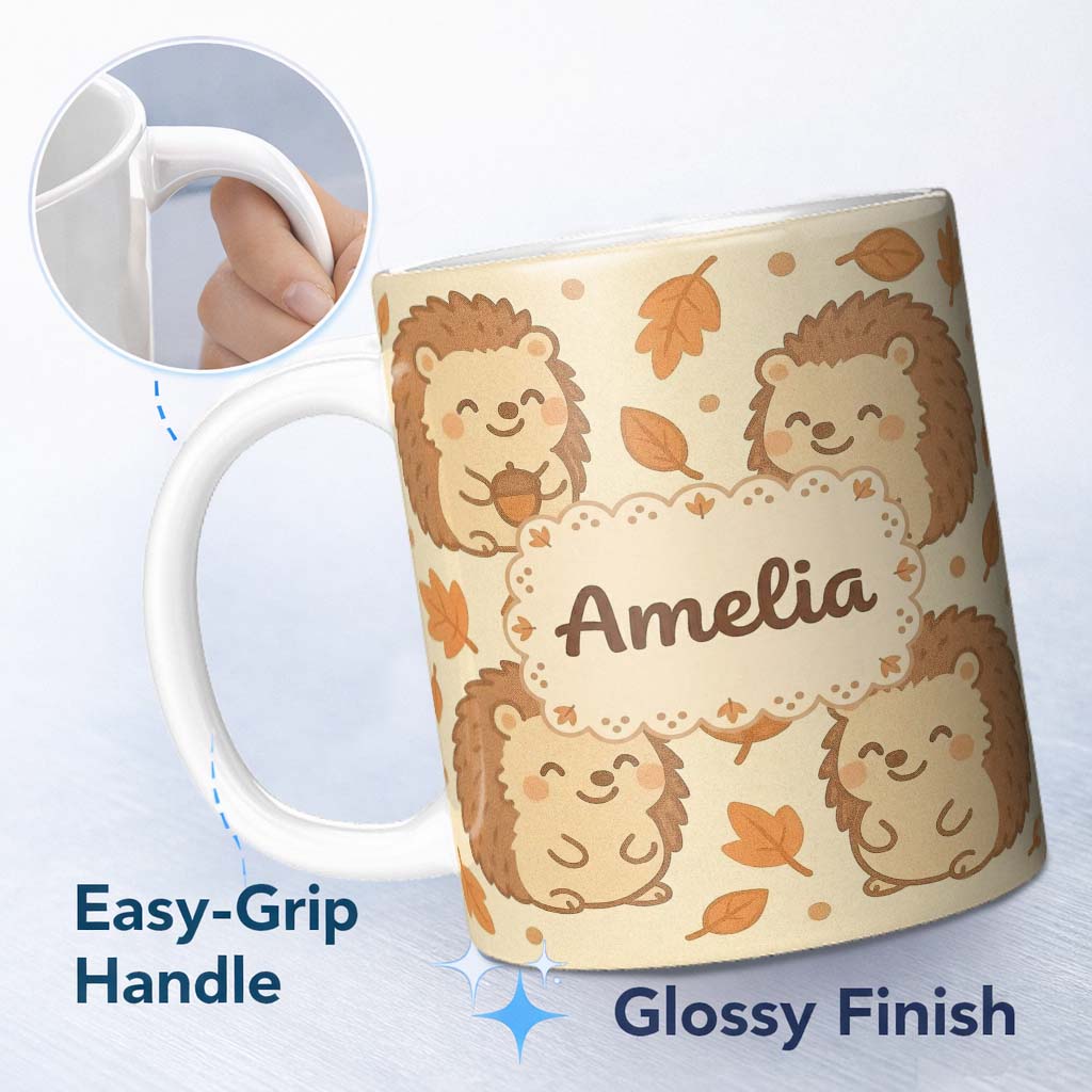 Personalized Custom Name Cute Hedgehog Autumn Cartoon Animal Pattern Beautiful Coffee Cup 11oz Ceramic Coffee Tea Mug White Large Handle