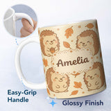 Personalized Custom Name Cute Hedgehog Autumn Cartoon Animal Pattern Beautiful Coffee Cup 11oz Ceramic Coffee Tea Mug White Large Handle