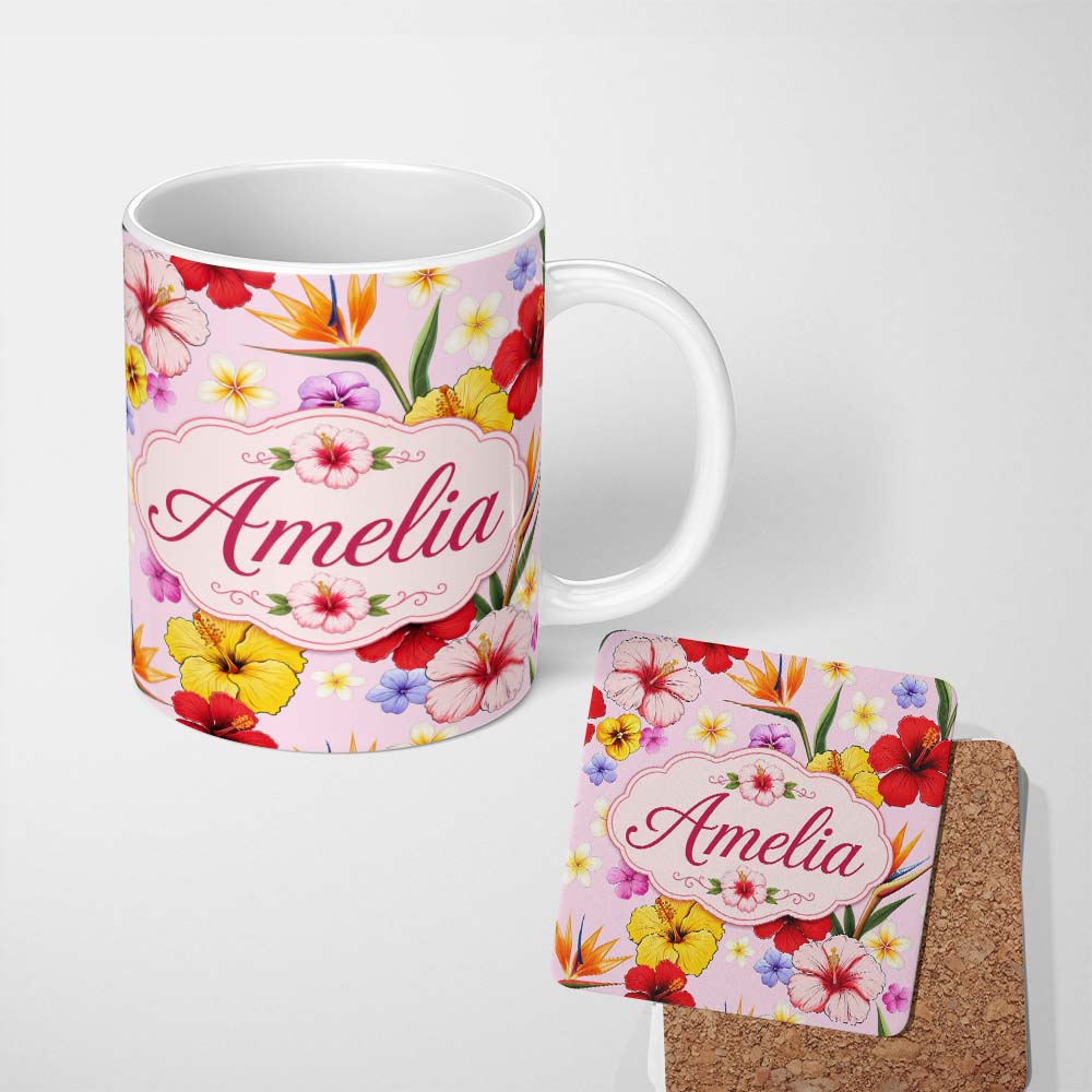 Personalized Custom Name Tropical Hibiscus Bird of Paradise Seamless Pattern Pink Background 11oz Ceramic Coffee Tea Mug White Large Handle